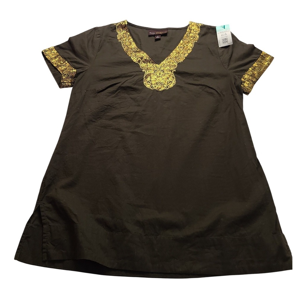 Dana Buchman Women's Olive Green Gold Sequin V-Neck Tunic Top Short Sleeve S